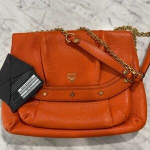 MCM Vibrant Orange Shoulder Bag with Gold Chain